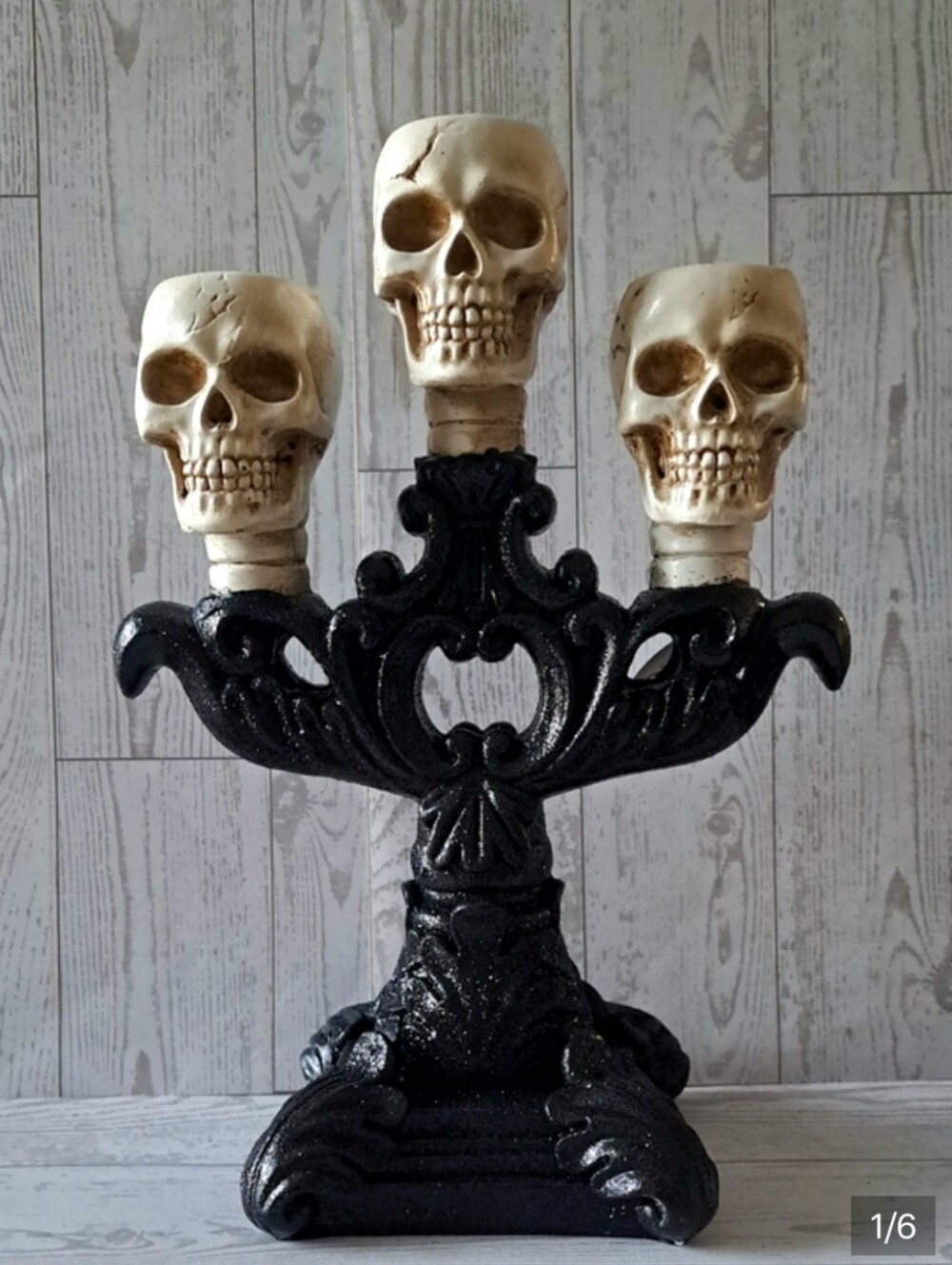 Gothic Skull Candelabra - Decorative Candle Holder Halloween Decor Black & Cream